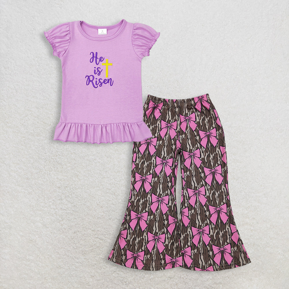 RTS NO MOQ GT0393+P0896 Baby Girls He Is Risen Cross Easter Lavender Puffy Short Sleeve Shirt Tops And Camo Pink Bows Pants Bottoms