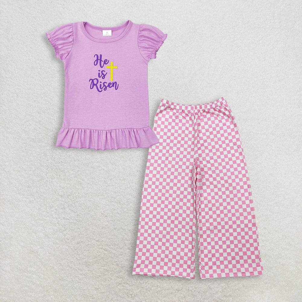 RTS NO MOQ GT0393+P1018 Baby Girls He Is Risen Cross Easter Lavender Puffy Short Sleeve Shirt Tops And Pink Checked Flare Pants Bottom