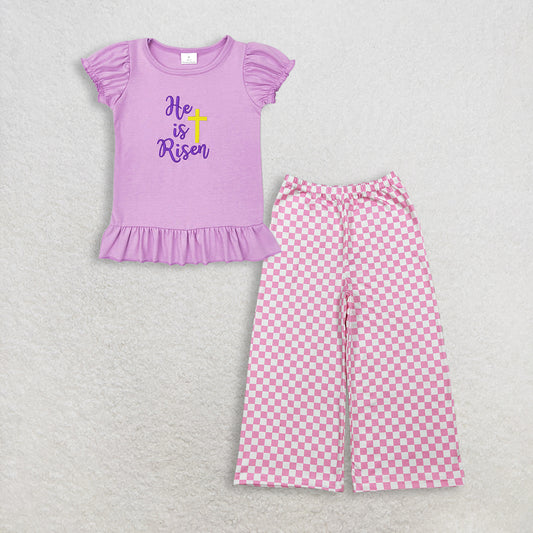 RTS NO MOQ GT0393+P1018 Baby Girls He Is Risen Cross Easter Lavender Puffy Short Sleeve Shirt Tops And Pink Checked Flare Pants Bottom