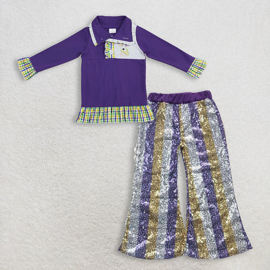 RTS NO MOQ（In Stock) mardi gras long sleeved top sequined pants set