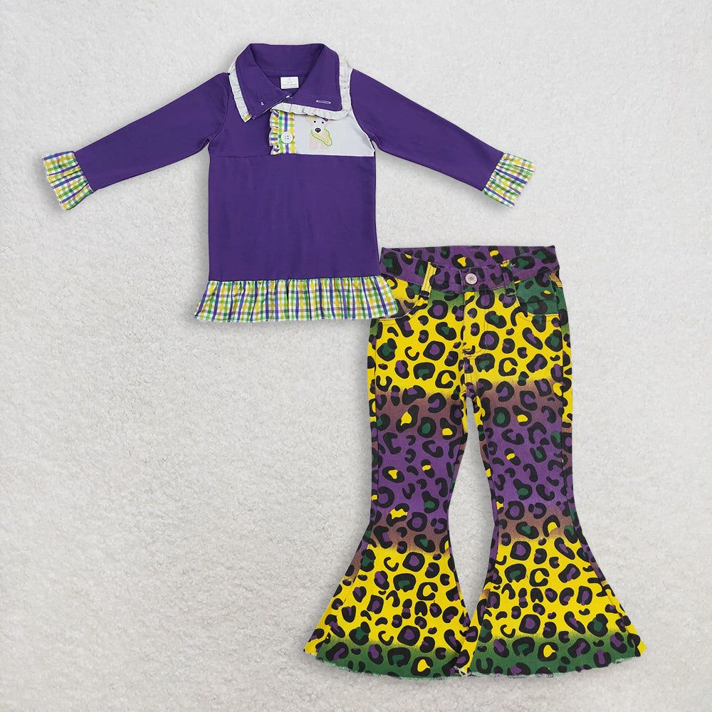 RTS NO MOQ（In Stock) mardi gras longt-sleeved top jeans pants set