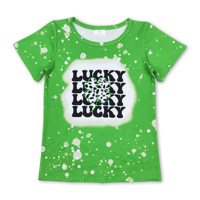 RTS NO MOQ GT0420+C15-14 Baby Girls Green Lucky St Patrick Day Short Sleeve Tee Shirts Tops Set