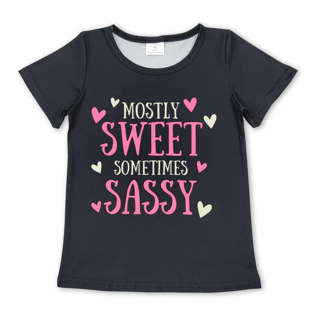 RTS NO MOQ GT0422+A16-3 Baby Girls Mostly Sweet Sometimes Sassy Black Short Sleeve Tee Shirts Tops Set