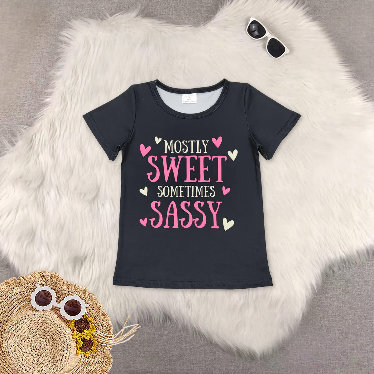 RTS NO MOQ Sibling Baby Girls clothes black short sleeve pants Set and top and jeans pants