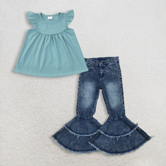 RTS NO MOQ GT0460+C5-15 Baby Girls Blue Cotton Flutter Sleeve Tunic Tops Washed Blue Ruffle Detail Denim Jeans Set for Little Girls