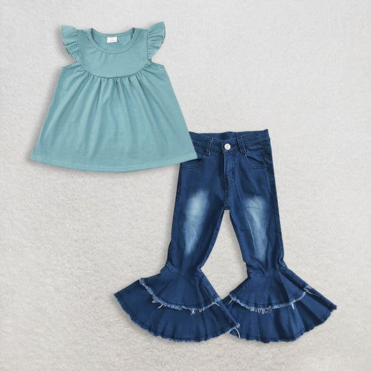 RTS NO MOQ GT0460+P0003 Baby Girls Blue Cotton Flutter Sleeve Tunic Tops navy blue bleached double ruffle denim pants