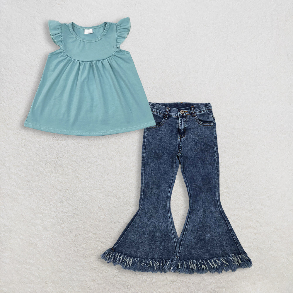 RTS NO MOQ GT0460+P0132 Baby Girls Blue Cotton Flutter Sleeve Tunic Tops Navy Tassel Denim Bell Pants