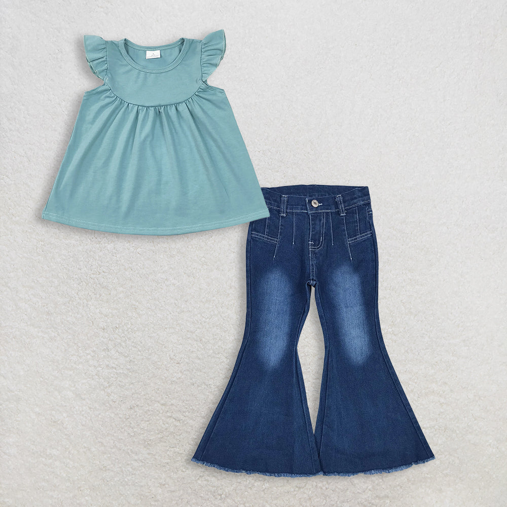 RTS NO MOQ GT0460+P0457 Baby Girls Blue Cotton Flutter Sleeve Tunic Tops Western Navy Bell Flare Denim Pants
