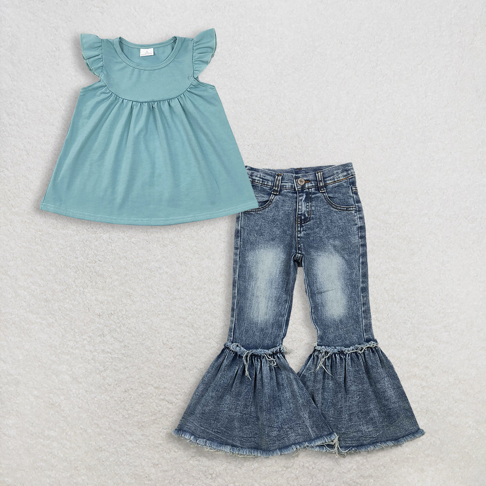 RTS NO MOQ GT0460+P0676 Baby Girls Blue Cotton Flutter Sleeve Tunic Tops Navy Bleached Denim Flare Pants