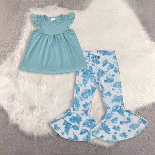 RTS NO MOQ（In Stock) baby girls clothes short-sleeved top demin pants set