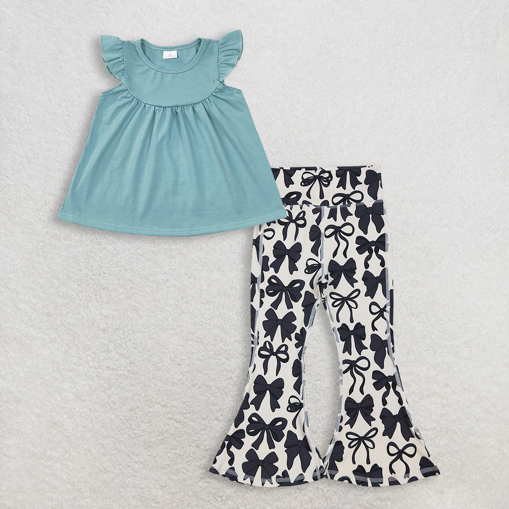 RTS NO MOQ GT0460+P0775 Baby Girls Blue Cotton Tunic Tops with Flutter Sleeves And Black Bows Bell Bottom Yoga Pants