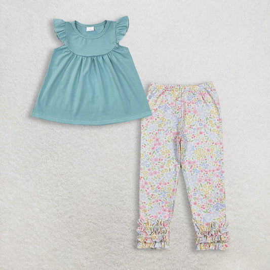 RTS NO MOQ GT0460+P1005 Baby Girls Blue Cotton Tunic Tops with Flutter Sleeves And Flowers Ruffle Legging Pants