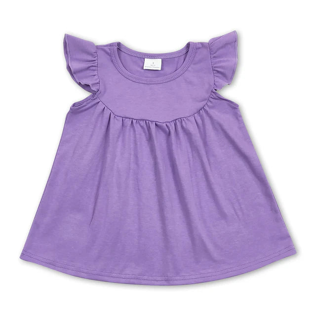 RTS NO MOQ milk silk GT0461+C14-5 Baby Girls Lavender Flutter Sleeve Tunic Tops Shorts Set