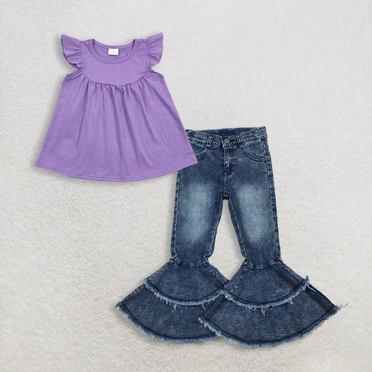 RTS NO MOQ GT0461+C5-15 Baby Girls Lavender Flutter Sleeve Tunic Tops Washed Blue Ruffle Detail Denim Jeans Set for Little Girls