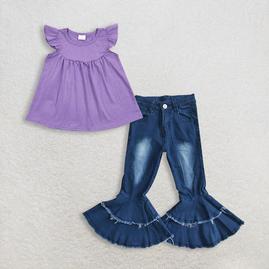 RTS NO MOQ GT0461+P0003 Baby Girls Lavender Flutter Sleeve Tunic Tops navy blue bleached double ruffle denim pants