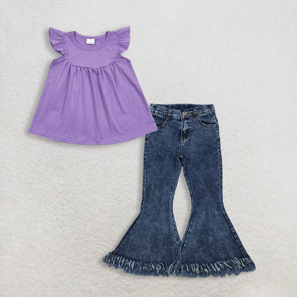 RTS NO MOQ GT0461+P0132 Baby Girls Lavender Flutter Sleeve Tunic Tops Navy Tassel Denim Bell Pants