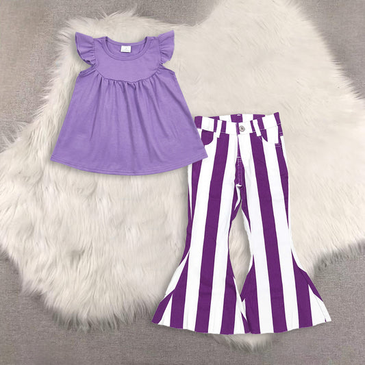 RTS NO MOQ（In Stock) purple short-sleeved top Purple and white striped denim jeans