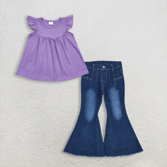 RTS NO MOQ GT0461+P0457 Baby Girls Lavender Flutter Sleeve Tunic Tops Western Navy Bell Flare Denim Pants