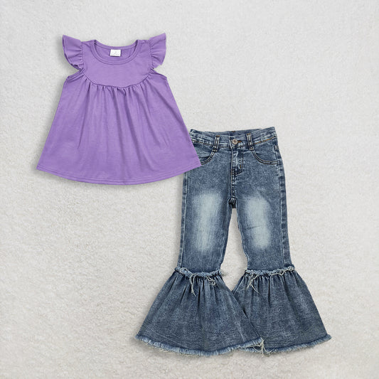 RTS NO MOQ GT0461+P0676 Baby Girls Lavender Flutter Sleeve Tunic Tops Navy Bleached Denim Flare Pants