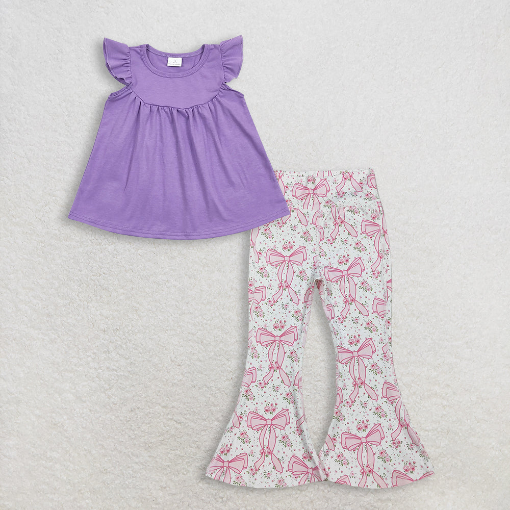 RTS NO MOQ GT0461+P0773 Baby Girls Lavender Flutter Sleeve Tunic Tops And Pink Floral Bows Bell Bottom Yoga Active Pants