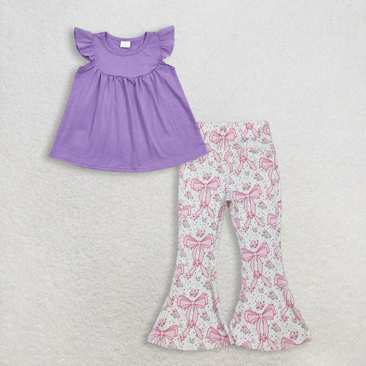 RTS NO MOQ GT0461+P0773 Baby Girls Lavender Flutter Sleeve Tunic Tops And Pink Floral Bows Bell Bottom Yoga Active Pants