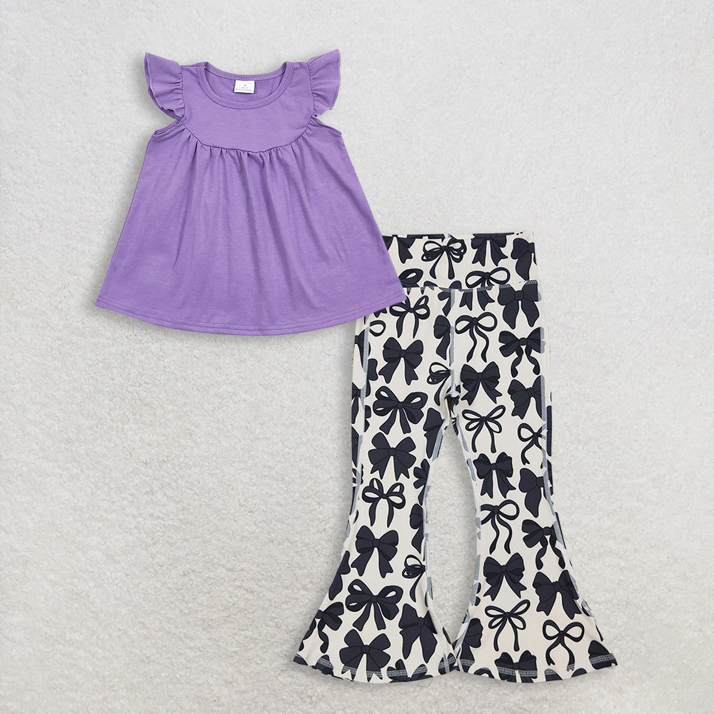 RTS NO MOQ GT0461+P0775 Baby Girls Lavender Flutter Sleeve Tunic Tops And Black Bows Bell Bottom Yoga Pants