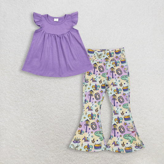 RTS NO MOQ GT0461+P0938 Baby Girls Lavender Flutter Sleeve Tunic Tops And Mardigras Yoga Active Bell Bottom Pants