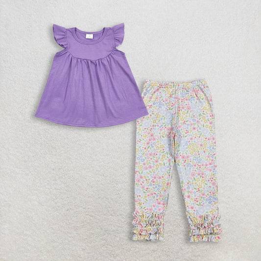 RTS NO MOQ GT0461+P1005 Baby Girls Lavender Flutter Sleeve Tunic Tops And Flowers Ruffle Legging Pants