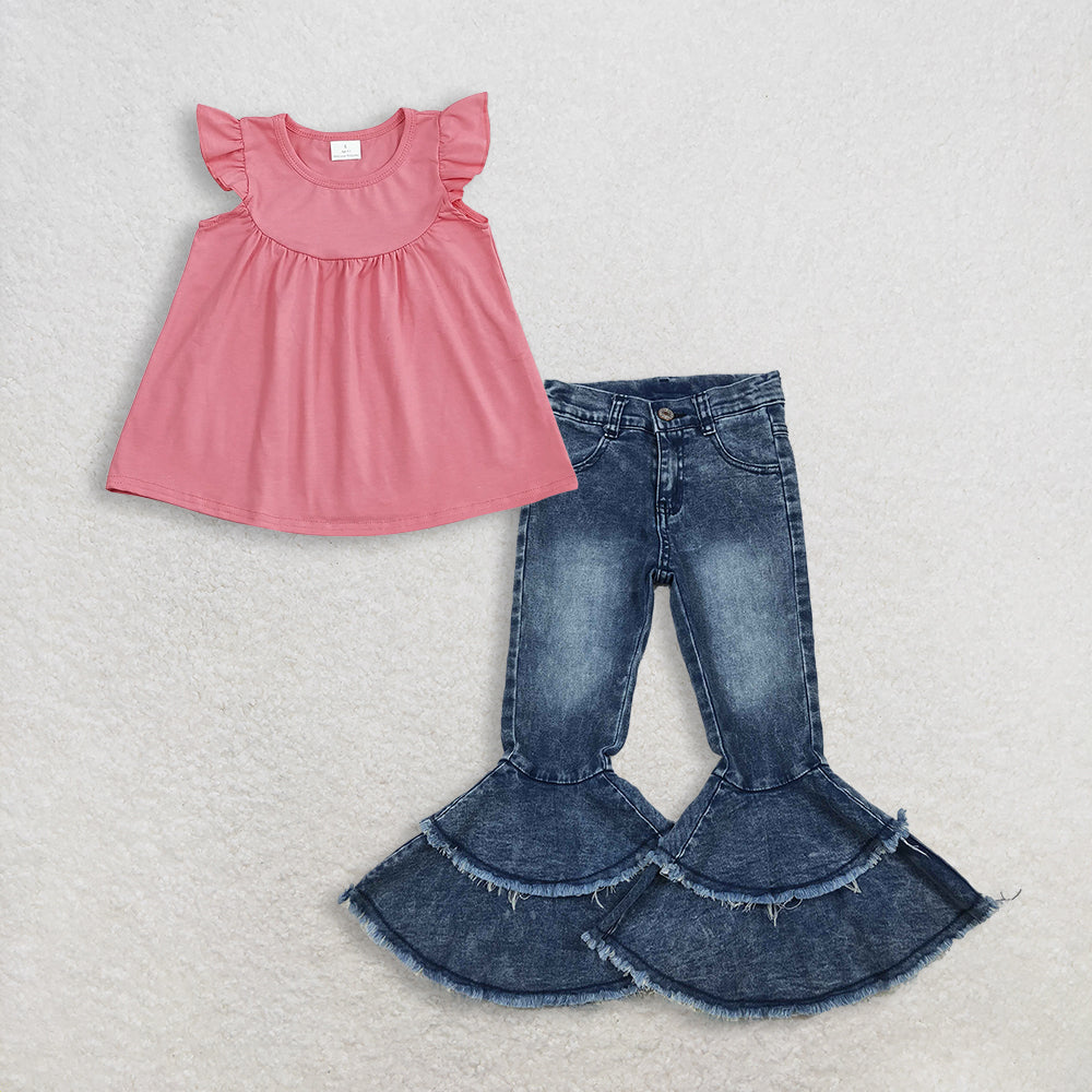RTS NO MOQ GT0462+C5-15 Baby Girls Dark Pink Flutter Sleeve Tunic Tops Washed Blue Ruffle Detail Denim Jeans Set for Little Girls