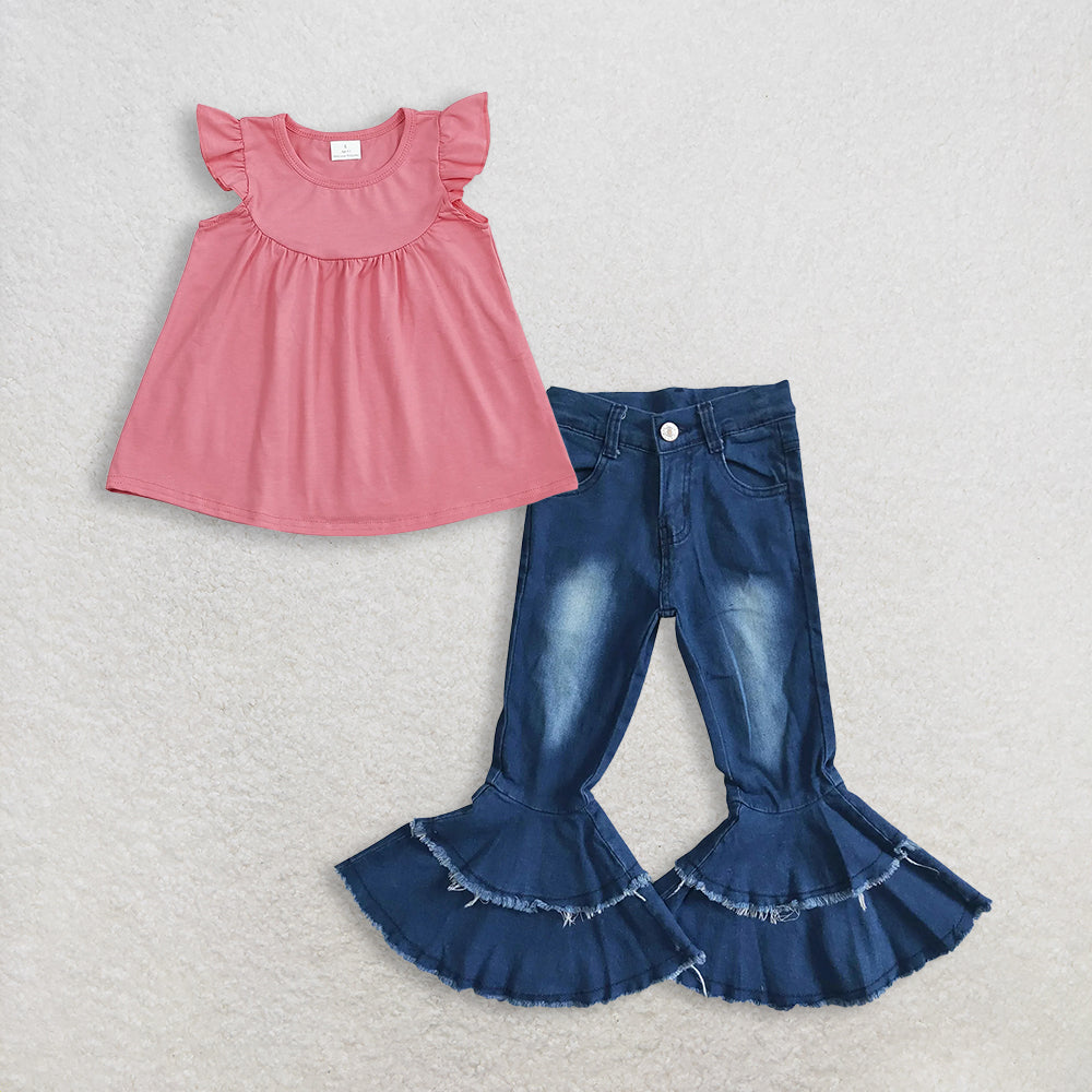RTS NO MOQ GT0462+P0003 Baby Girls Dark Pink Flutter Sleeve Tunic Tops navy blue bleached double ruffle denim pants
