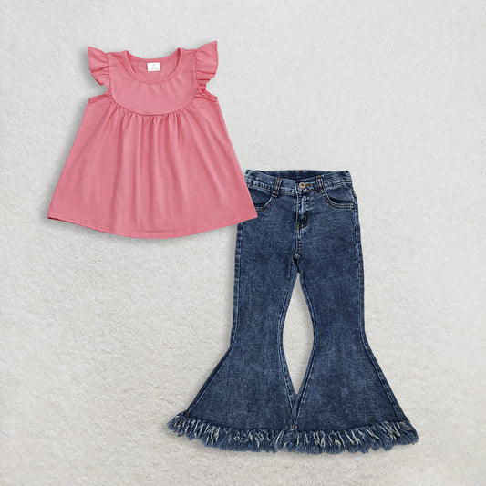 RTS NO MOQ GT0462+P0132 Baby Girls Dark Pink Flutter Sleeve Tunic Tops Navy Tassel Denim Bell Pants