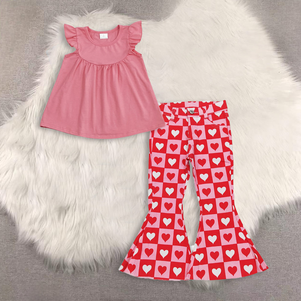 RTS NO MOQ（In Stock) baby girls clothes short-sleeved top demin pants set