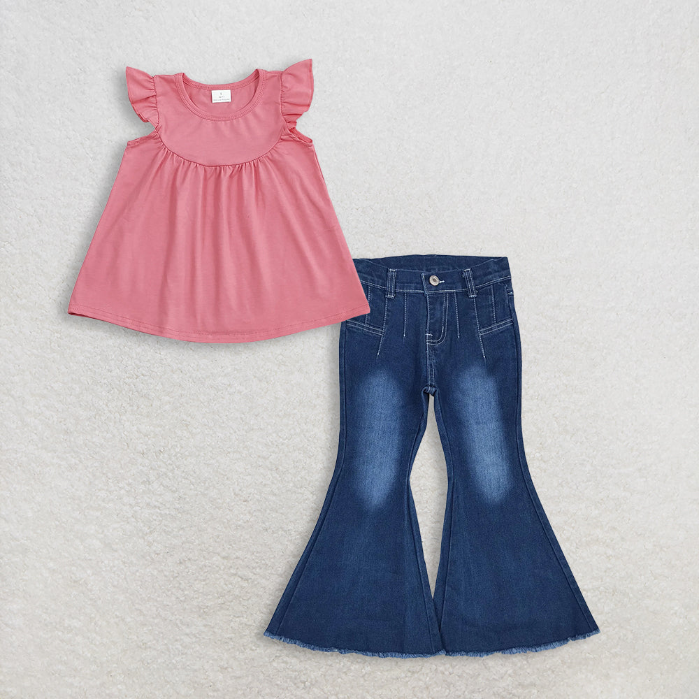 RTS NO MOQ GT0462+P0457 Baby Girls Dark Pink Flutter Sleeve Tunic Tops Western Navy Bell Flare Denim Pants