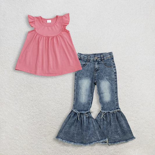 RTS NO MOQ GT0462 +P0676 Baby Girls Dark Pink Flutter Sleeve Tunic Tops Navy Bleached Denim Flare Pants