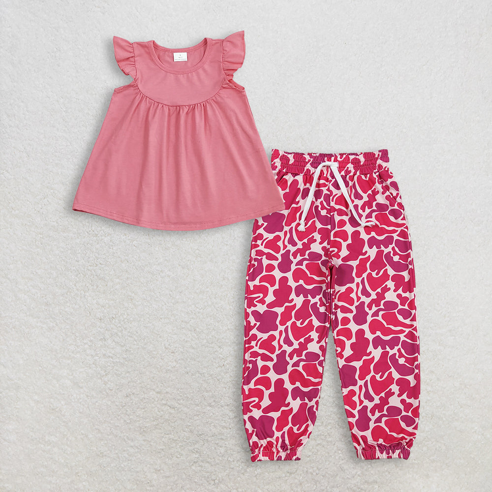 RTS NO MOQ GT0462+P0696 Baby Girls Dark Pink Flutter Sleeve Tunic Tops And Southern Hot Pink Camo Pockets Jogger Pant Bottoms