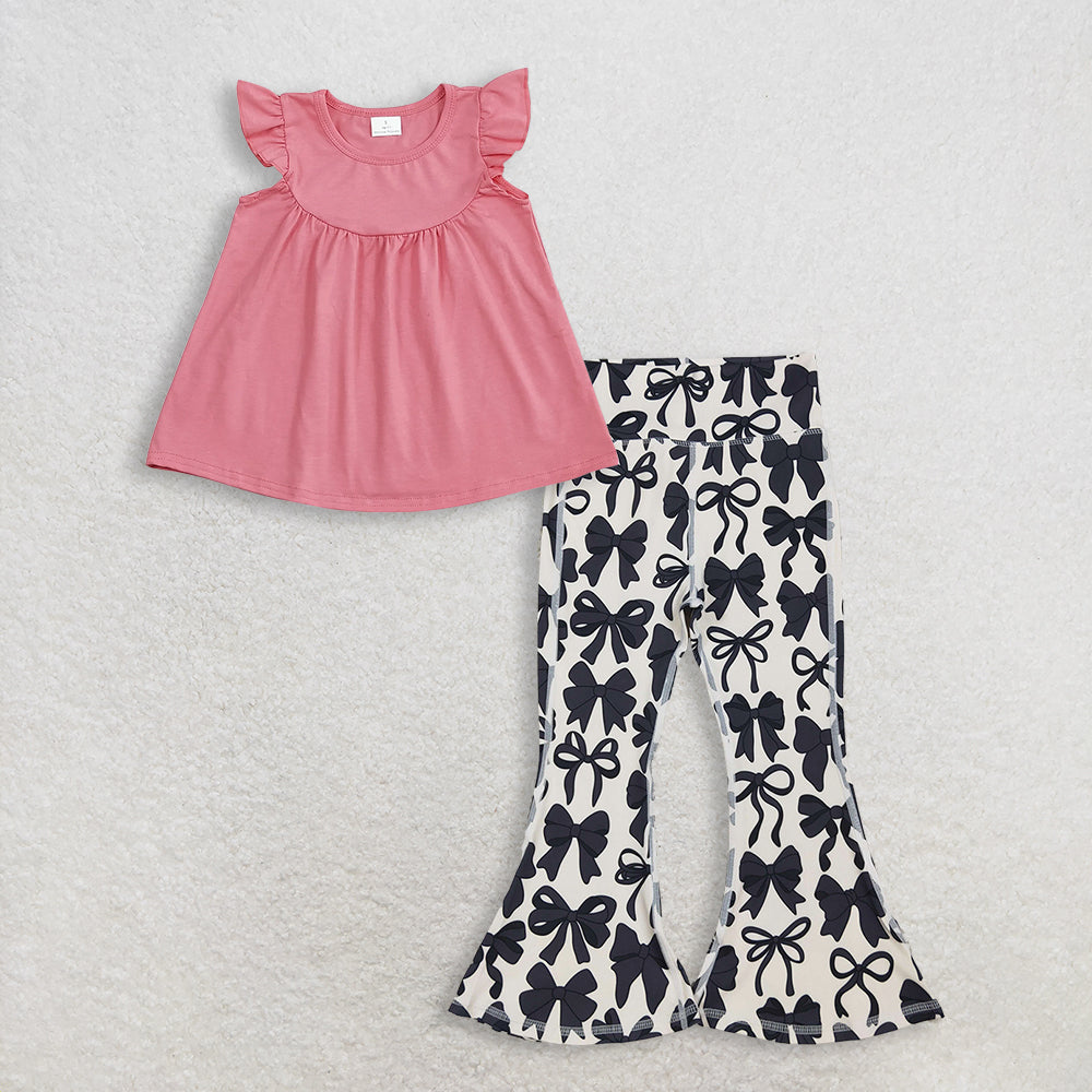 RTS NO MOQ GT0462+P0775 Baby Girls Dark Pink Flutter Sleeve Tunic Tops And Black Bows Bell Bottom Yoga Pants