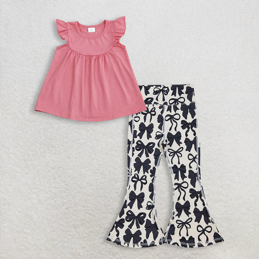 RTS NO MOQ GT0462+P0775 Baby Girls Dark Pink Flutter Sleeve Tunic Tops And Black Bows Bell Bottom Yoga Pants