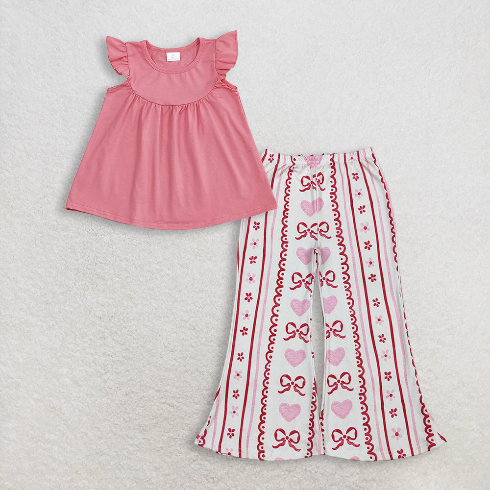 RTS NO MOQ GT0462+P0894 Baby Girls Dark Pink Flutter Sleeve Tunic Tops And Bows Hearts Flowers Stripe Valentines Pants Bottom