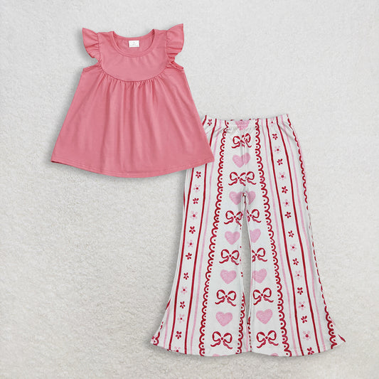 RTS NO MOQ GT0462+P0894 Baby Girls Dark Pink Flutter Sleeve Tunic Tops And Bows Hearts Flowers Stripe Valentines Pants Bottom