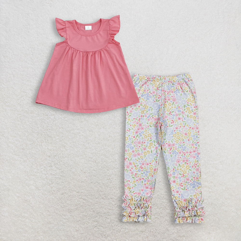 RTS NO MOQ GT0462+P1005 Baby Girls Dark Pink Flutter Sleeve Tunic Tops And Flowers Ruffle Legging Pants