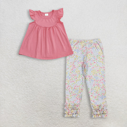 RTS NO MOQ GT0462+P1005 Baby Girls Dark Pink Flutter Sleeve Tunic Tops And Flowers Ruffle Legging Pants