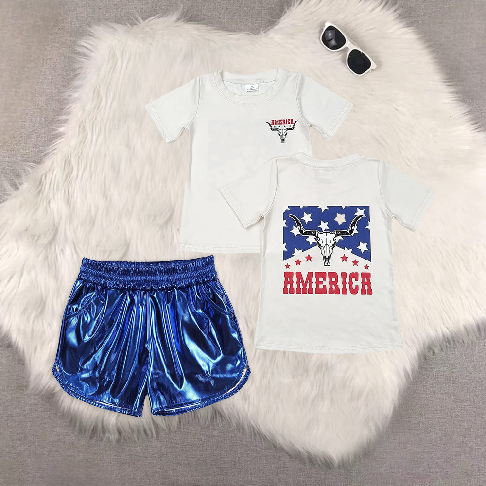 RTS NO MOQ Girls Boys cheers 4th of july short sleeve Clothes Sets and top and shorts