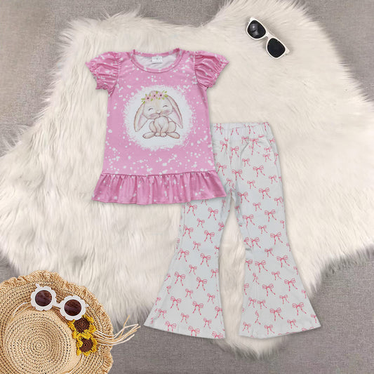 RTS NO MOQ（In Stock) baby girls clothes easter short-sleeved top demin pants set