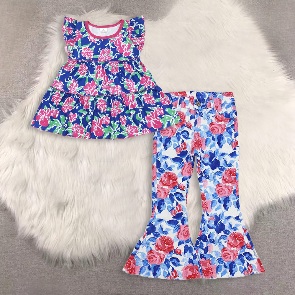 RTS NO MOQ（In Stock) baby girls clothes short-sleeved top demin pants set