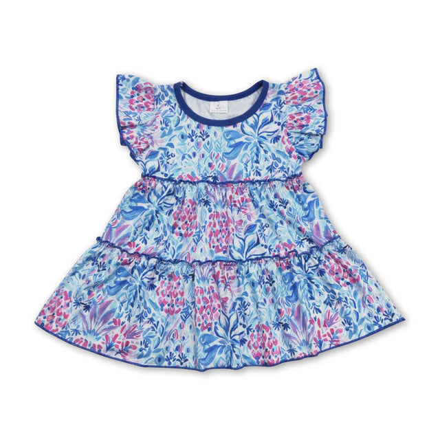 RTS NO MOQ milk silk GT0474+SS0179 Baby Girls Summer Flutter Sleeve Blue Flowers Tunic Tops Double Ruffle Shorts Set
