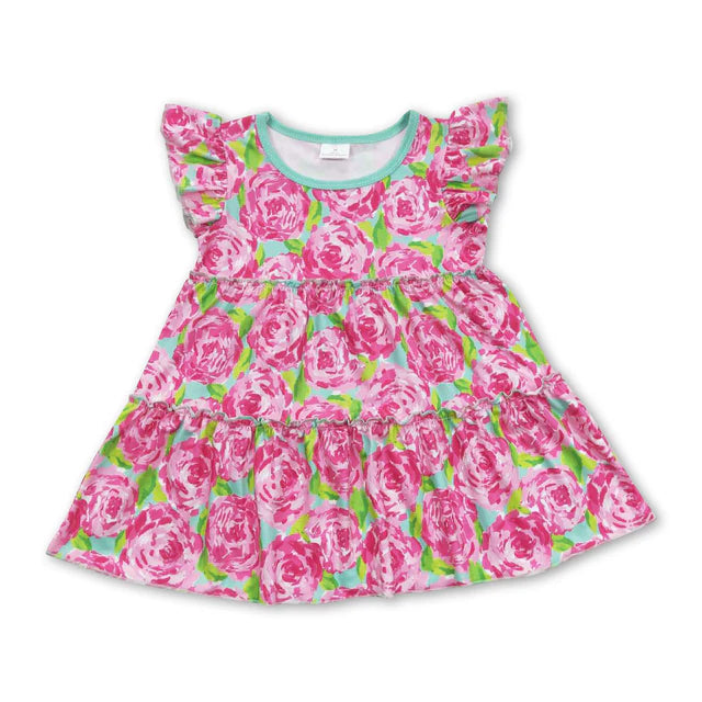 RTS NO MOQ milk silk GT0475+SS0180 Baby Girls Summer Flutter Sleeve Pink Rose Flowers Tunic Tops Green Cotton Double Ruffle Shorts Set