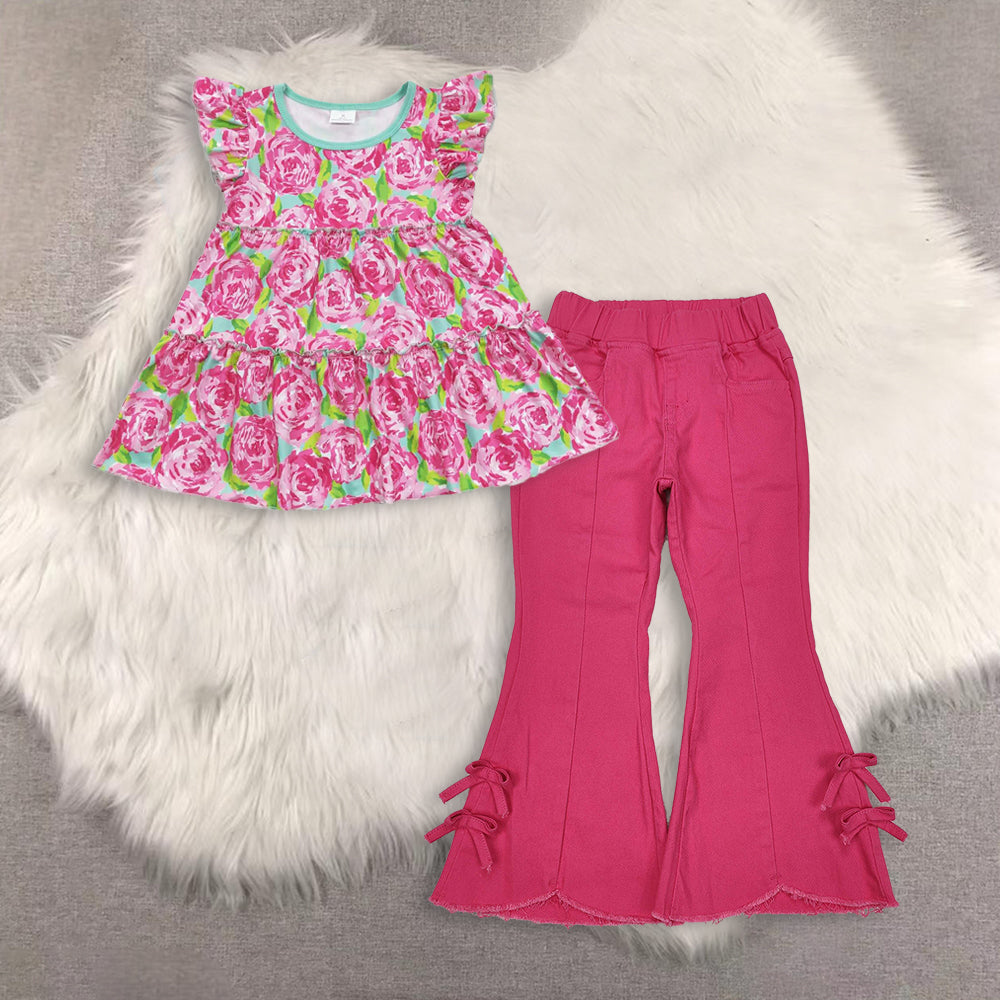 RTS NO MOQ（In Stock) baby girls clothes short-sleeved top demin pants set