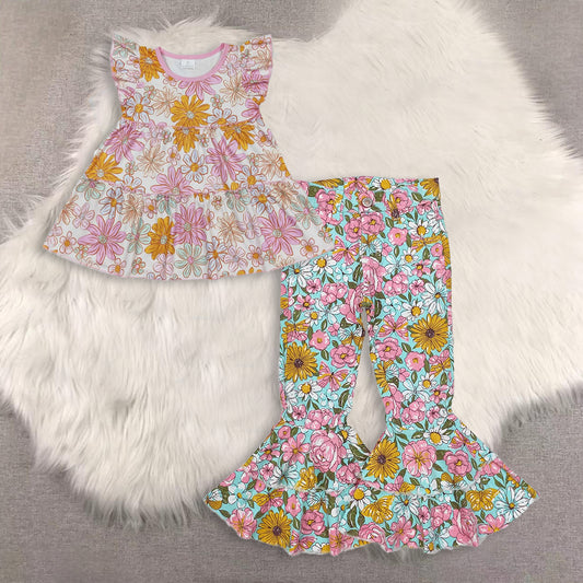 RTS NO MOQ（In Stock) baby girls clothes short-sleeved top demin pants set