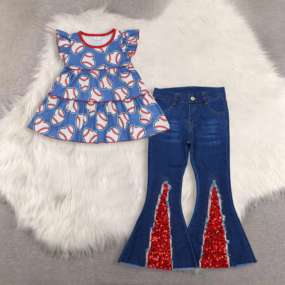 RTS NO MOQ（In Stock) baby girls clothes short-sleeved top demin pants set