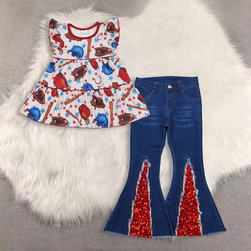 RTS NO MOQ（In Stock) baby girls clothes short-sleeved top demin pants set